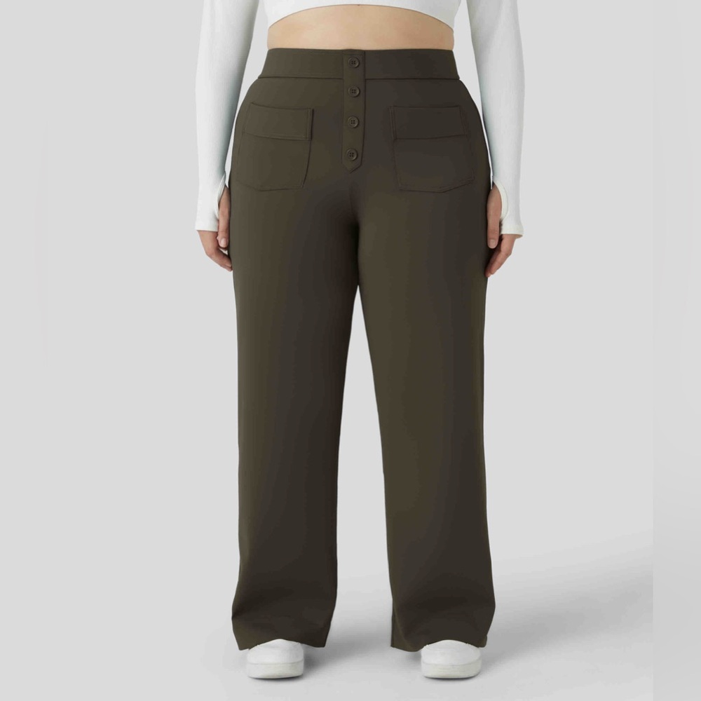 HALARA High Waisted Button Multiple Pockets Straight Leg Casual Plus Size Pants